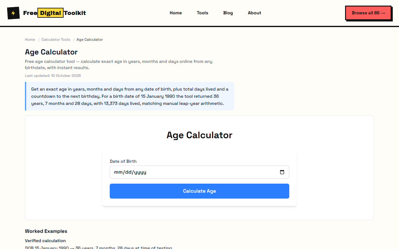 Age calculator with date of birth input and years, months, days result
