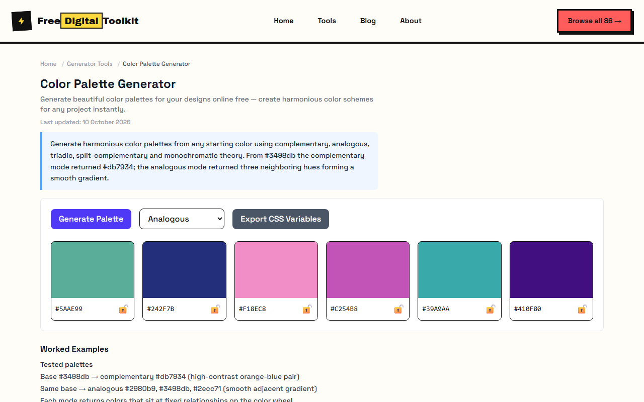 Color palette generator with harmony modes and swatches