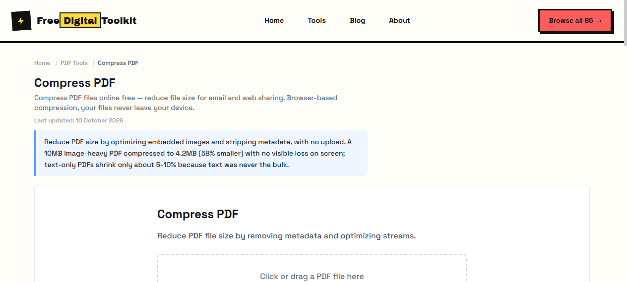 PDF compressor upload area for reducing document file size