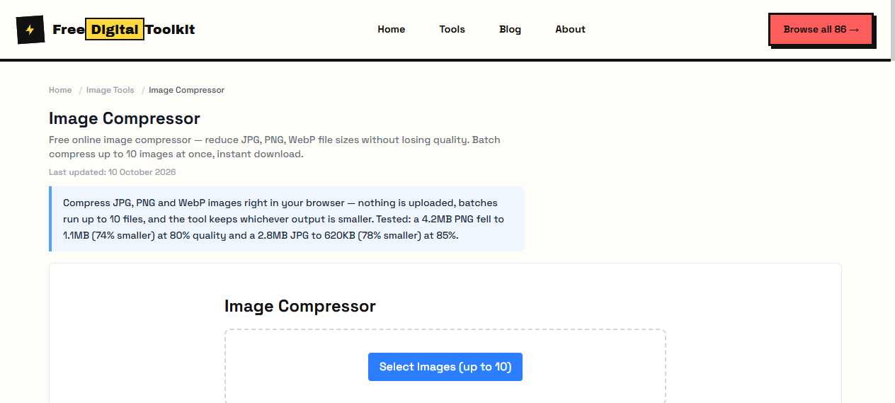 Image compressor with quality slider, file list and batch download button