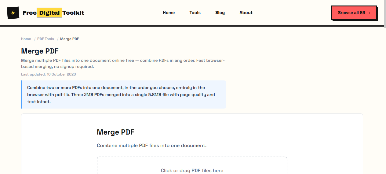 PDF merge tool with drag-and-drop reordering before combining files