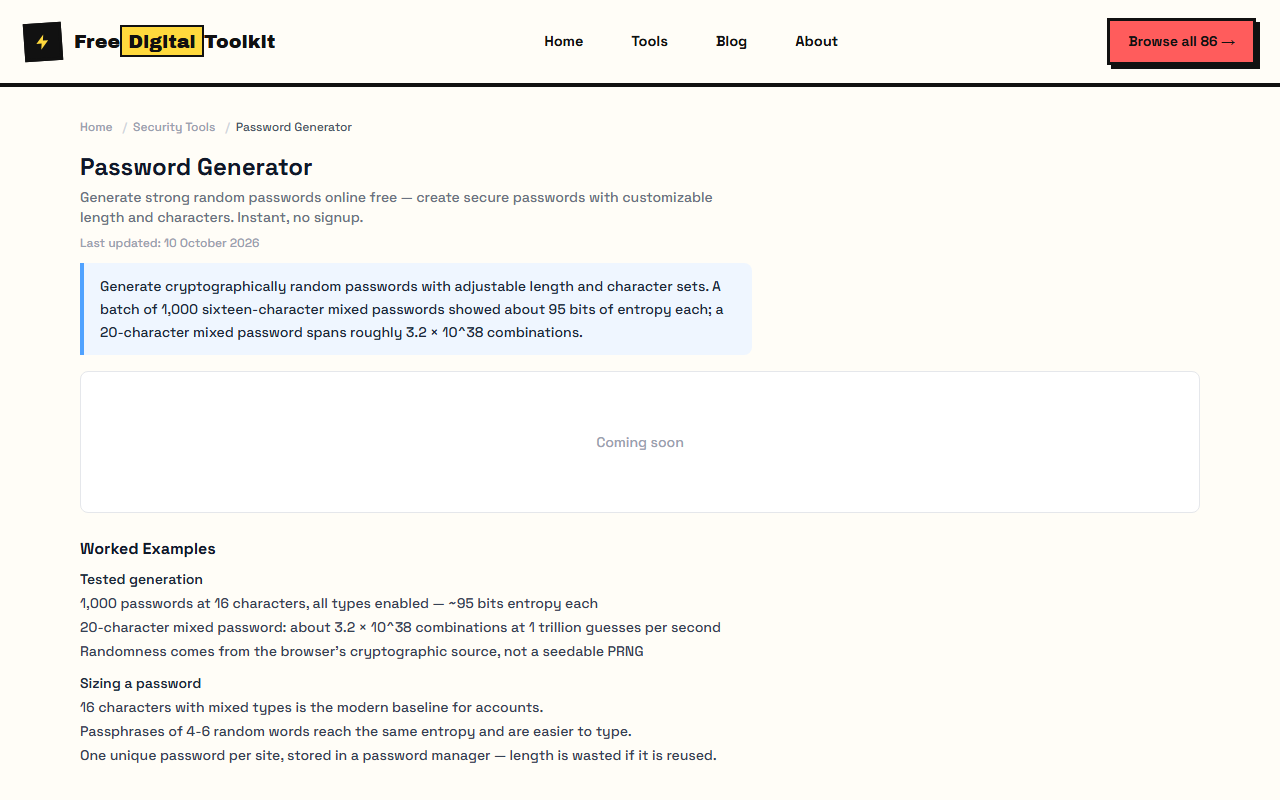 Password generator with length slider and character type toggles