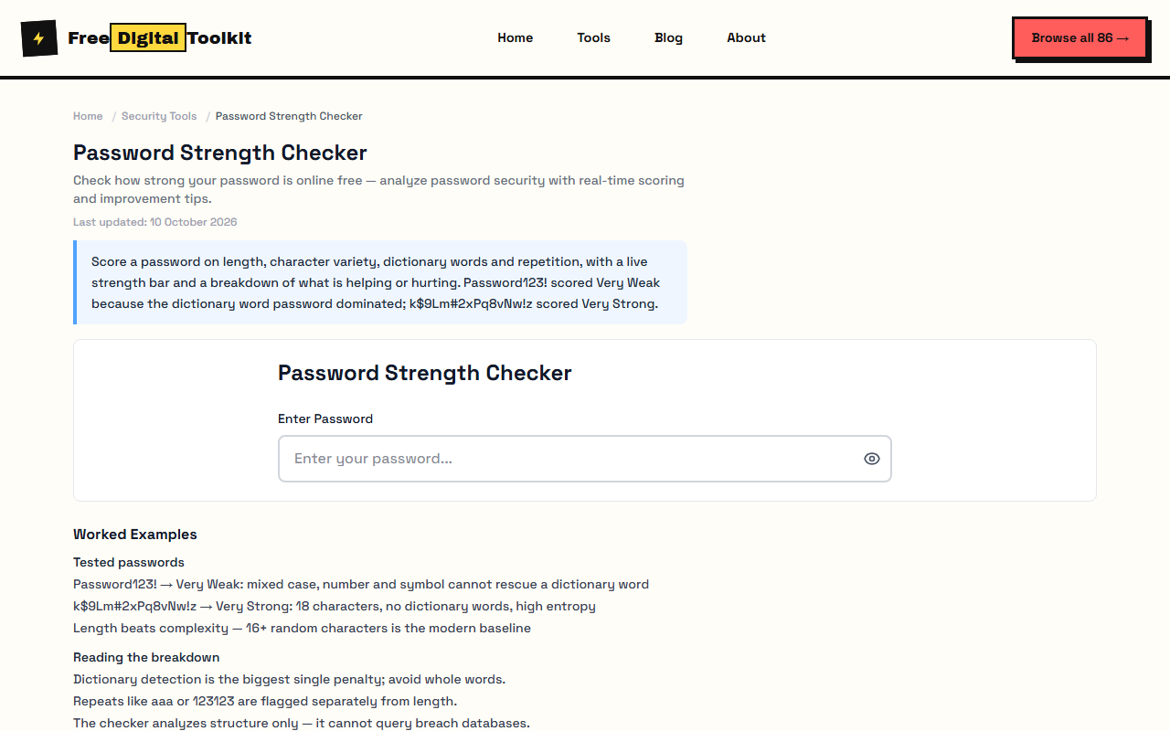 Password strength checker showing score bar and character breakdown