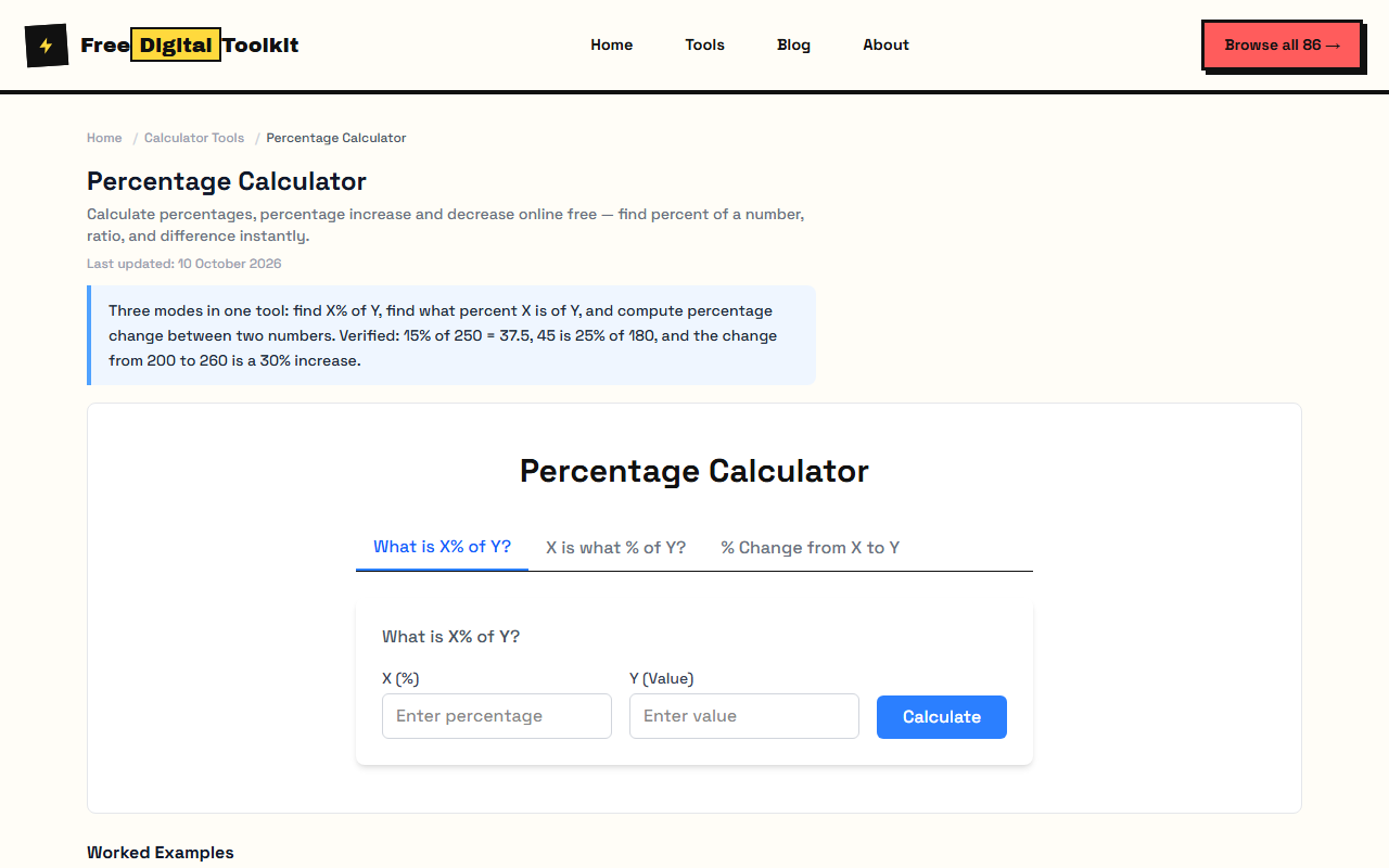 Percentage calculator with three calculation modes