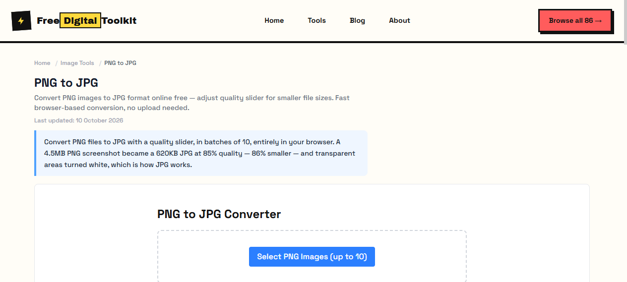 PNG to JPG converter with quality slider and batch file selection