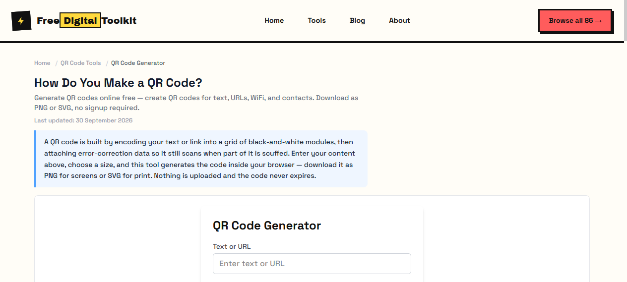 QR code generator producing a scannable code with download options
