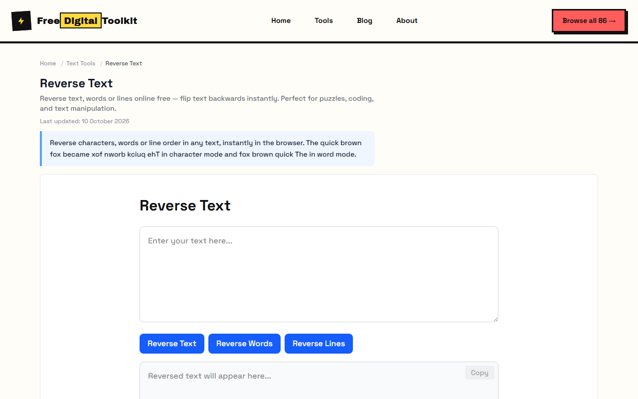 Text reverser with character, word and line order modes