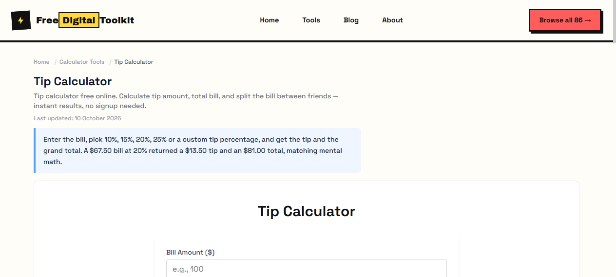 Tip calculator showing bill amount, tip percentage presets and total