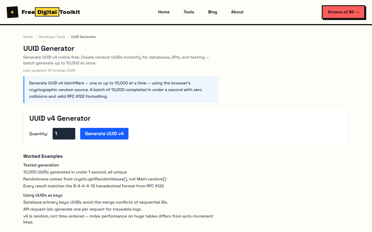 UUID generator producing v4 identifiers with batch option